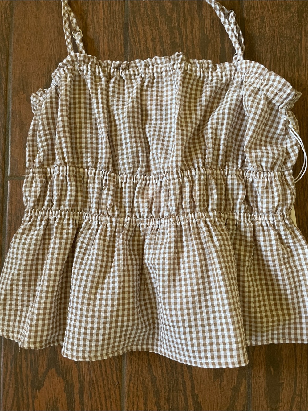 Smocked Gingham Peplum Cami Top - Brown/White
